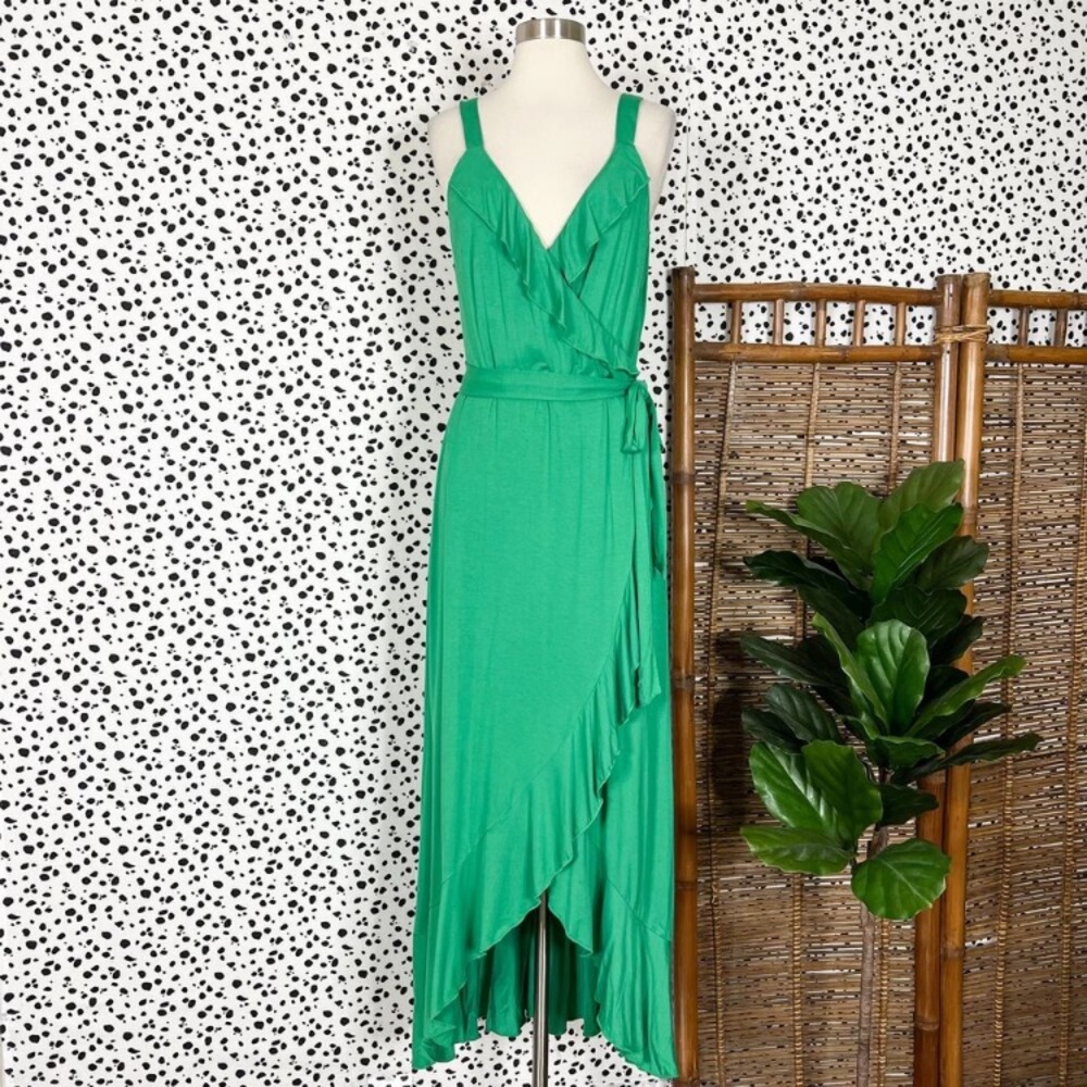 Boden | Nora Bold Green Jersey Ruffle Asymmetric Faux Wrap Summer Maxi